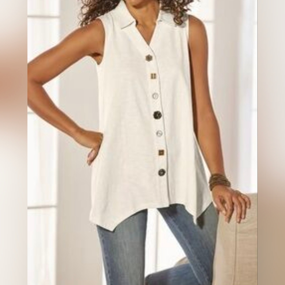 Soft Surroundings Danielle Button Sleeveless Tunic Cream 100% Cotton sz M Petite